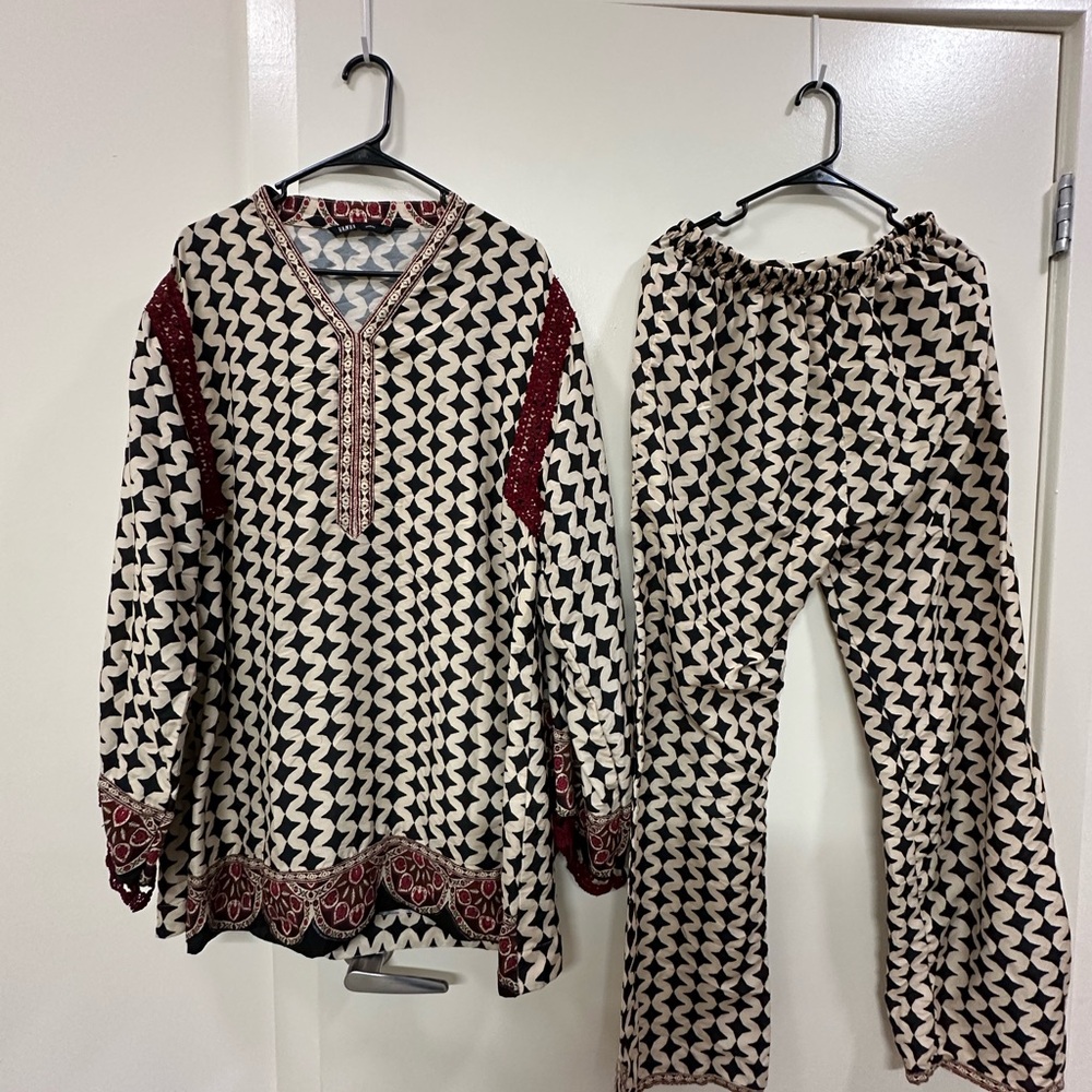 Vanya 2 Piece- Black and White Patterned Outfit with Red Accents